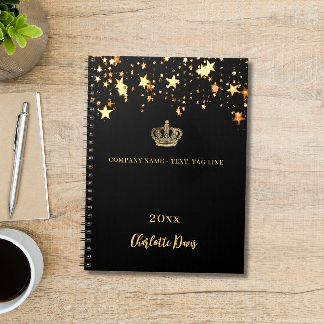 Caderno Espiral Coroa de ouro preto estrelas nome ano negócio (Criador carregado)