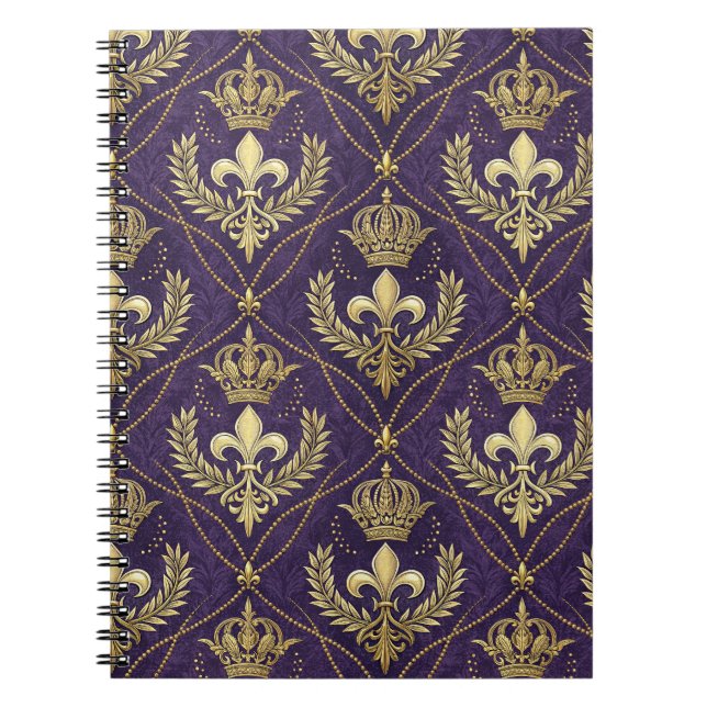 Caderno Espiral Coroa Dourada Fleur-de-lis Real Padrão Arte Roxa (Frente)