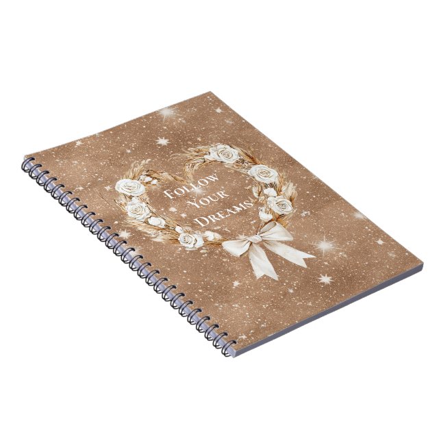 Caderno Espiral Coroa Floral Coração Creme com Brilho Marrom (Lado Direito)