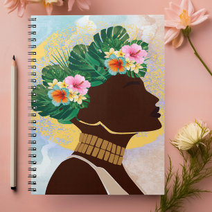 Caderno Espiral Coroa Floral de Mulher Americana Africana