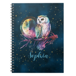 Caderno Espiral Coruja Arco-íris Mística e Lua Cheia Celestial