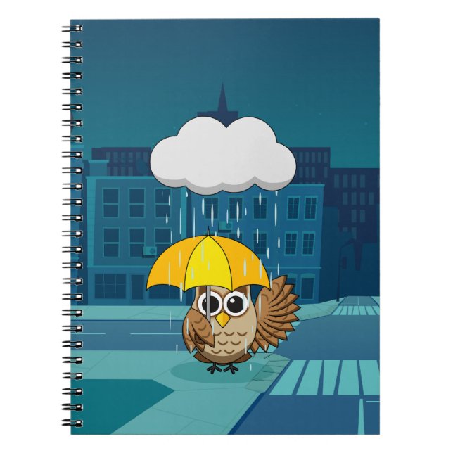 Caderno Espiral Coruja Fofa com Guarda-chuva em Dia Chuvoso (Frente)