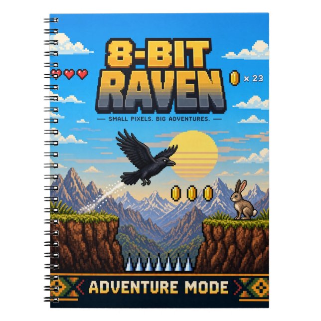 Caderno Espiral Corvo, Arte Pixel Retro de 8 Bits (Frente)