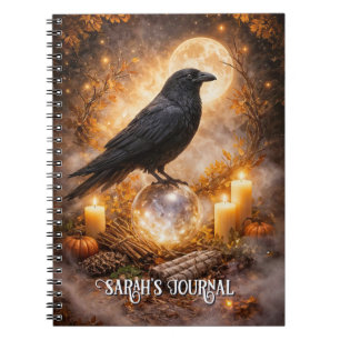 Caderno Espiral Corvo e Bola de Cristal com Velas e Lua