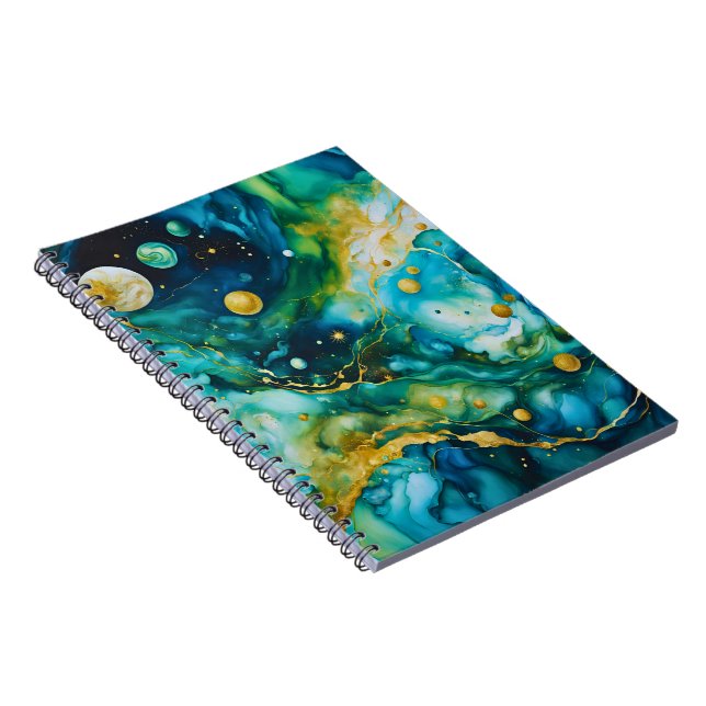 Caderno Espiral Cosmos Dourado de Álcool Verde Azul (Lado Direito)