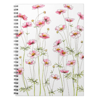 Caderno Espiral Cosmos Rosa Flor Silvestre Estilo Pintado à Mão Fl