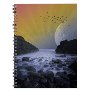 CADERNO ESPIRAL COSTA ROCHOSA DO MAR VINTAGE LUA PÔR DO SOL NATURE