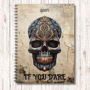 Caderno Espiral Cota Personalizada de Papel Antigo do Crânio Preto