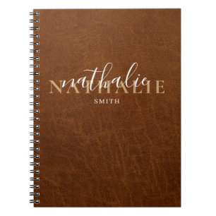 Caderno Espiral Couro Castanho Clássico Parece Caligrafia com Nome