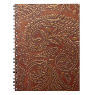 Caderno Espiral Couro castanho, padrão floral de ferramentas.