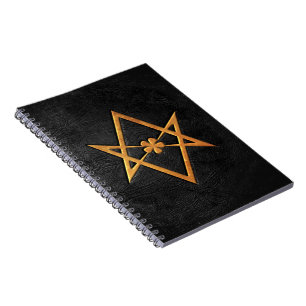 Caderno Espiral Couro Unicursal dourado do preto do Hexagram de