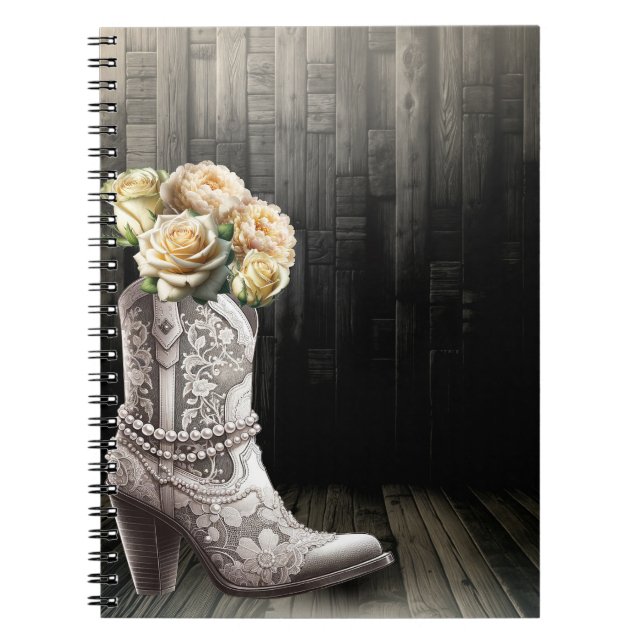 Caderno Espiral Cowgirl Lace & Pearls Boots Flores Brancas Russas (Frente)