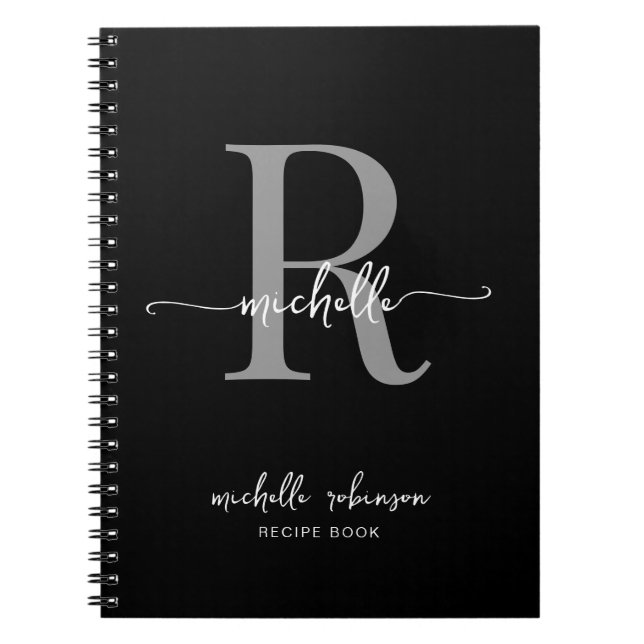 Caderno Espiral Cozinha Elegante Feminina Preto Cinza Receitas Mon (Frente)