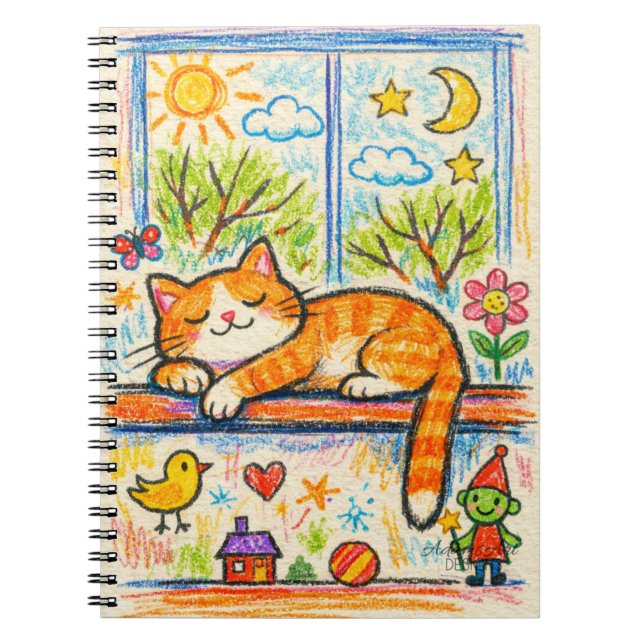 Caderno Espiral Cozy Orange Cat on Windowsill Whimsical Crayon Art (Frente)