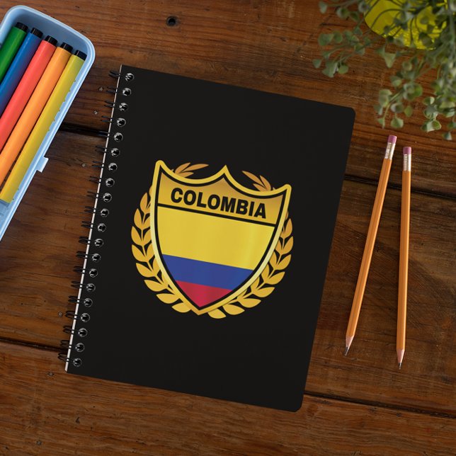 Caderno Espiral Crachá de repouso Dourado com bandeira nacional da (Colombia National Flag Gold Crest Badge Notebook)