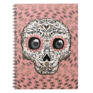 Caderno Espiral Craniano de Açúcar Rosa e Dourado Caprichoso Fofo
