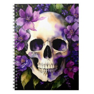 Caderno Espiral Crânio Com Flores Roxas Gótico Aquarela Arte