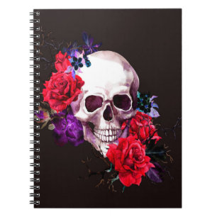 Caderno Espiral Crânio com ramos de flores escuras e mar rosa verm