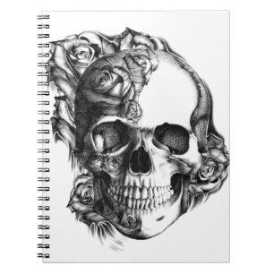 Caderno Espiral Crânio cor-de-rosa tirado mão em preto e branco.