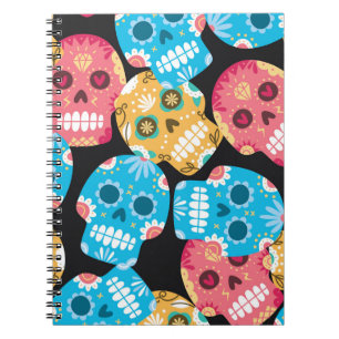 Caderno Espiral Crânio de açúcar, fundo festivo sem costura.