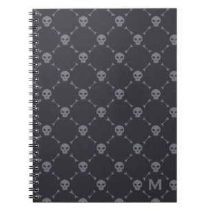 Caderno Espiral Crânio e Ossos Verificar Padrão Cinza Monograma
