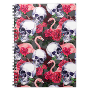 Caderno Espiral Crânio floral, padrão uniforme de flamingo.