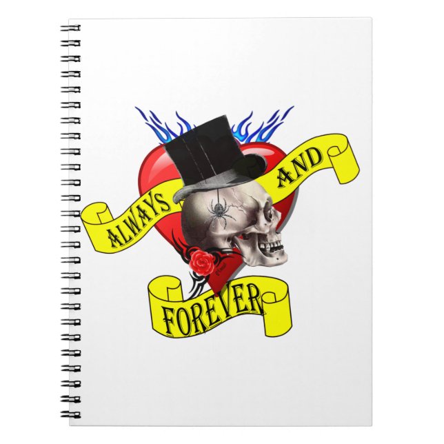 Caderno Espiral Crânio gótico romântico e coração de amor (Frente)