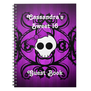 Caderno Espiral Crânio gótico, roxo e doce quadrado preto 16