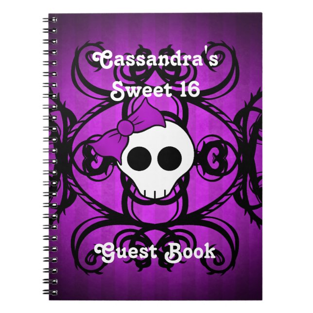 Caderno Espiral Crânio gótico, roxo e doce quadrado preto 16 (Frente)
