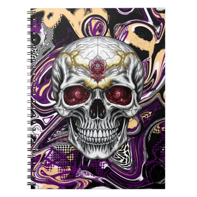 Caderno Espiral Crânio preto, roxo e Dourado (Frente)