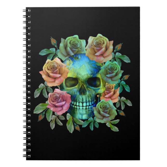 CADERNO ESPIRAL CRÂNIO VERDE MORTE COM FLORES (Frente)