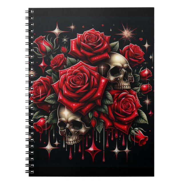Caderno Espiral Crânios Dourados & Rosas Vermelhas Brilham com Gla (Frente)