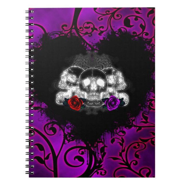 Caderno Espiral Crânios e Rosas do coração gótico (Frente)