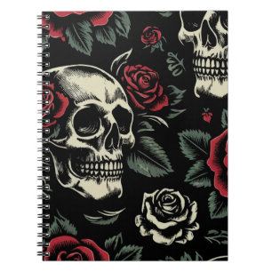 Caderno Espiral Crânios & Rosas Vermelhas Floral Gótico