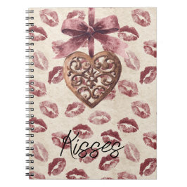 Caderno Espiral Cream Burgundy Red Lips Kisses Heart