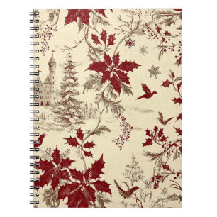 Caderno Espiral Creme Antigo Natal Floral de Azevinho Aves de Inve