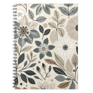 Caderno Espiral Creme e Verde Sálvia Padrão Floral Moderno e Ousad