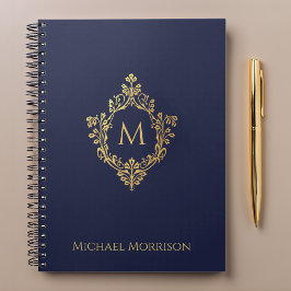 Caderno Espiral Crest Monograma Azul Marinho Falso Ouro Nome Elega