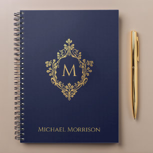 Caderno Espiral Crest Monograma Azul Marinho Falso Ouro Nome Elega