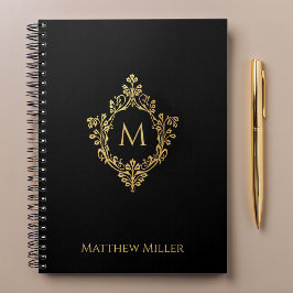 Caderno Espiral Crest Nome Monograma Preto Elegante Ornate Falso O