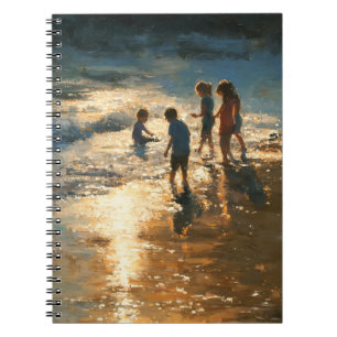 Caderno Espiral Crianças ao Sol Brincando na Praia Pintura