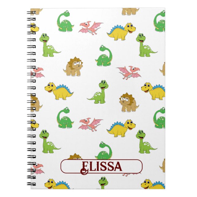Caderno Espiral Crianças Cutes Dinossauro Padrão Animal Nome de Aq (Frente)
