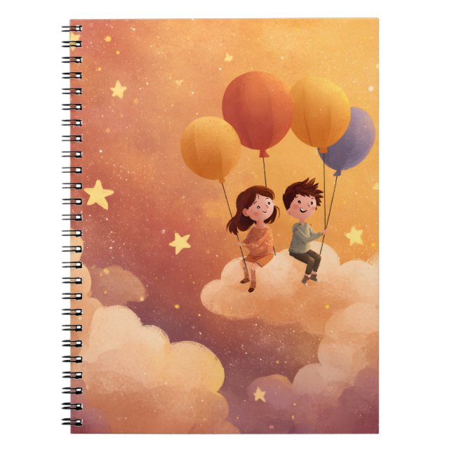 Caderno Espiral Crianças Flutuando em Balões Através de Nuvens de  (Frente)