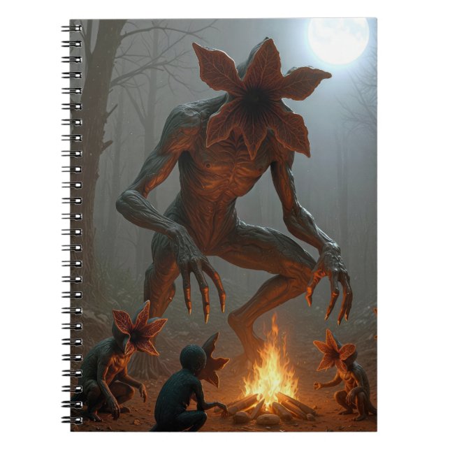 Caderno Espiral Criaturas Demogorgon em torno de uma fogueira (Frente)