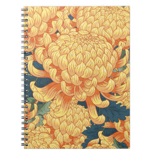Caderno Espiral crisântemos japoneses: padrão floral amarelo.