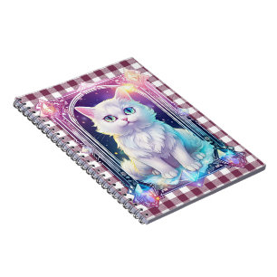 Caderno Espiral Cristal Gatinho Branco de Xadrez Preta e Roxo