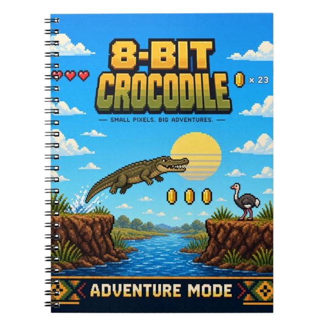 Caderno Espiral Crocodilo, Arte de Pixel Retro de 8 Bits (Frente)