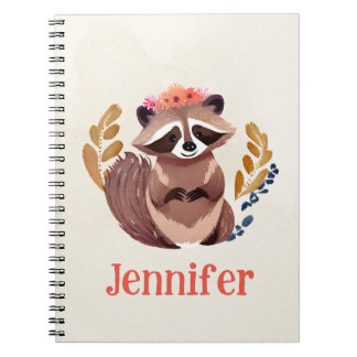 Caderno Espiral Crown Floral Crown Watercolor Raccoon