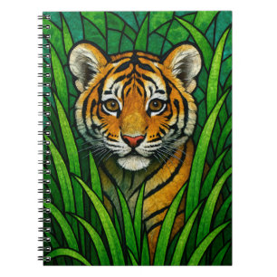 Caderno Espiral Cubo de tigre em grama alta, vidro colorido arte d