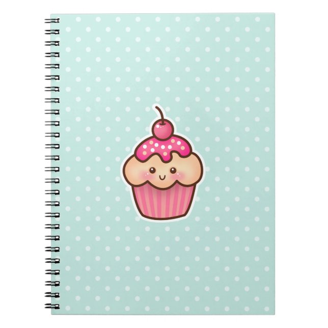 Caderno Espiral Cupcake cor-de-rosa de Kawaii e bolinhas bonitos (Frente)
